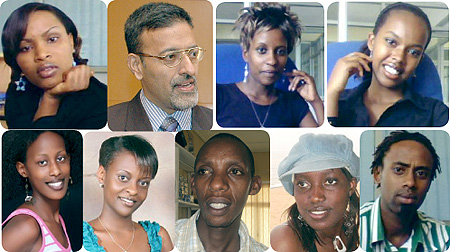 Clockwise: Chantal Riziki, Clarence Fernandes, Shamim Cyubahiro, Gracia Saro Mukobwa, Brenda Ruzindana, Flavia Shukuru, Godfrey Ruremesha, Josephine Nyebaza, Kim Kizito.