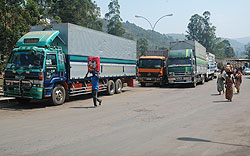 Trucks transporting goods at the the Gatuna border post. The Northern Corridor is set to benefit from the an EU grant to COMESA (File Photo)