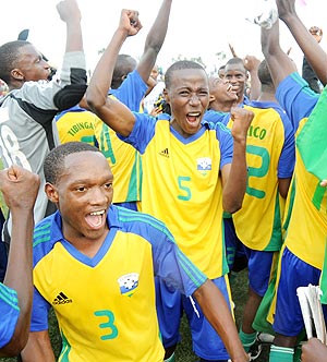 Junior Wasps players show their excitement after Tuesdayu2019s 1-0 win over Egypt at Kiglai Regional Stadium. (Photo: T. Kisambira)