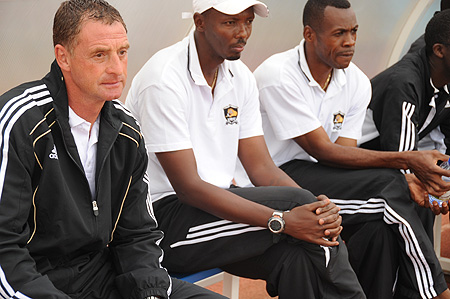 APR coach Ernest Brandts and his assistants during a previous Primus league game. The Dutchman still has a 100% record after winning his opening nine games. (File Photo)