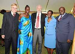 (L-R) Ambassador Elmar Timpe of Germany, Mrs Sundvoll, Mr Steinar Sundvoll, Honorary Consul of Norway, Louise Mushikiwabo, Minister of Foreign Affairs, and Richard Kabonero, the High Commissioner of Uganda and Dean of the Diplomatic Corps, at the Luncheon