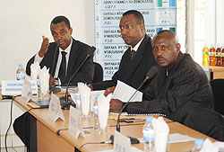 (L-R) The Forumu2019s Executive Secretary, Anicet Kabagema, PL chair, Protais Mitali and MP Abbas Mukama during the meeting yesterday (Photo T Kisambira)