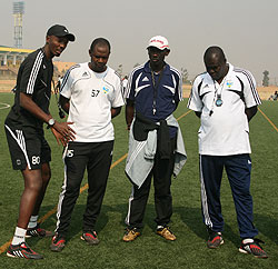 Amavubi Stars coaching staff brainstorming during the team's training session before leaving for Sudan.