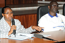 Chief Justice Aloysia Cyanziyire (L) with High Court president, Johnston  Busingye, during the Press briefing, yesterday. (Photo J Mbanda)