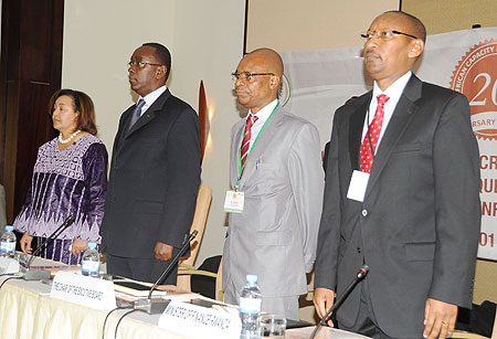 (L-R) Dr Frannie Leautier, the ACBF Executive Secretary, Prime Minister Bernard Makuza, Paul Baloyi  the  chair of the ACBF Executive Board, and the Minister of Finance, John Rwangombwa, during the opening ceremony, yesterday. (Photo T.Kisambira)
