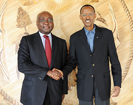 President Kagame with the AfDB president, Dr Donald Kaberuka, after their meeting yesterday (Photo Urugwiro Village)