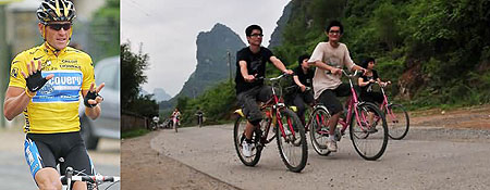 L-R : Lance Armstrong ; Cycling is fun and also beneficial healthwise