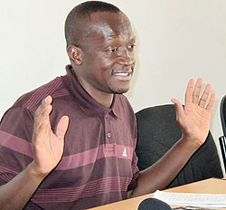 Tormented former Sports Minister Joseph Habineza addressing journalists yesterday. (Photo: T. Kisambira)