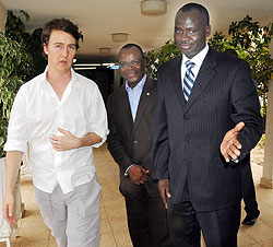 UN Goodwill Ambassador for Biodiversity, Edward Norton (L), with Land and Environment Minister, Stanislas Kamanzi (R) and UN resident Coordinator, Aurelien Agbenonci, after meeting the Prime Minister. (Photo J Mbanda) 