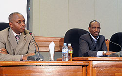 (L-R) Fidele Kayira the National Coordinator of Ubudehe and Minister  Sezibera during the talk show, yesterday (Photo T.Kisambira)