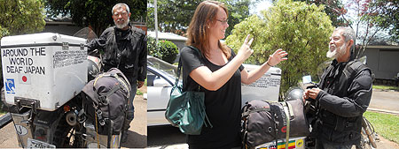 L-R : Kohei Hakamada and his motor bike  (Photo James Kakwerere) ; Kohei Hakamada and Jolanda Harreywn  (Photo James Kakwerere)