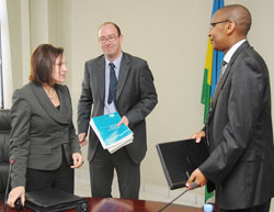 L-R;Head of DFID Rwanda Elizabeth Carriere, UK Envoy to Rwanda Benedict Llewellyn-Jones and Minister John Rwangombwa. (File Photo)