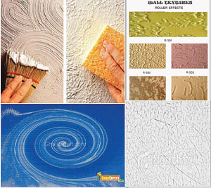 L-R: Textured Wall; Roller effectsTexture Paints.; Sea blue textured paint; Cracked white paint wall as textured background