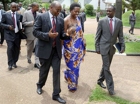 (L-R) Local Government Minister, James Musoni, Governors Aisa Kirabo (East) and Alphonse Munyentwali (South) after the meeting with the President. (Photo; T. Kisambira)