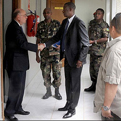 Gen James Kabarebe receives MONUSCO boss Roger Meece at the formeru2019s office yesterday (Photo T Kisambira)