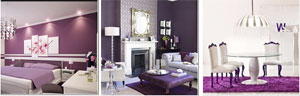 L-R: Decorating bedroom in purple; Living room in color purple; House in white and purple decor