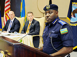 IGP Emmanuel Gasana addressing the FBINAA yesterday. Looking on are top FBI officials (Photo T Kisambira)