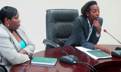 Odette Mbabazi the deputy DG of NISR together with Diane Karusisi the Acting Director General during the press conference (Photo T.Kisambira)