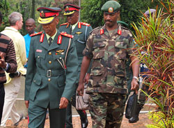 CDS, Lt. Gen Charles Kayonga (R), with his Botswana counterpart, Lt Gen.Tebogo Masire, during their visit to Gisozi memorial centre (Photo T.Kisambira)