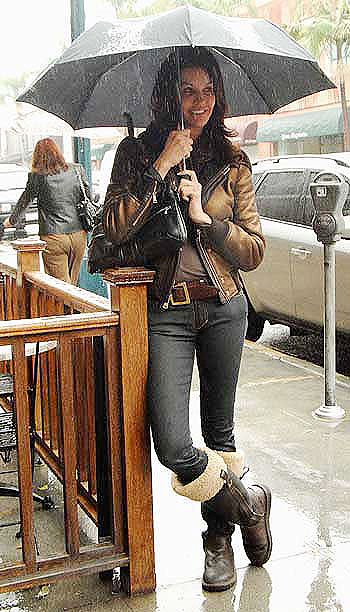 Janice Dickinson geared up on a rainy day