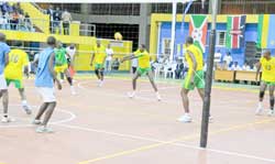 Rwandau2019s Flavien Ndamukunda setting for his teammates to spike during yesterdayu2019s Zone five qualifier against Burundi. Rwanda won the tie 3-0. (Photo: T. Kisambira)