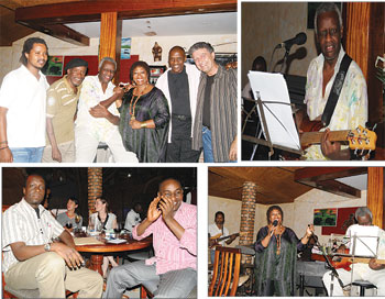 L-R: Artists who performed at Chez Robert last Friday; Hard at work Jazz star, Jean Mutsari, belts out his guitar skills; (L-R) Oliver Rwabukera Bangemu, an official from Rwanda Event Management and a friend at the Jazz Night; Jazz maestro, Denise Jannah,