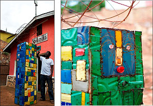 L-R: Collin Sekajugo displays ; One of Collin Sekajugou2019s paintings (Courtesy Photo).
