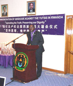 Francois Ngarambe, Rwanda's Ambassador to China, during the 17th commemoration of the Genocide held in Beijing.