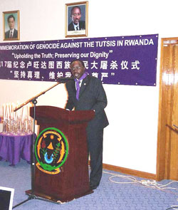 Francois Ngarambe, Rwanda's Ambassador to China, during the 17th commemoration of the Genocide held in Beijing.(courstesy photo)