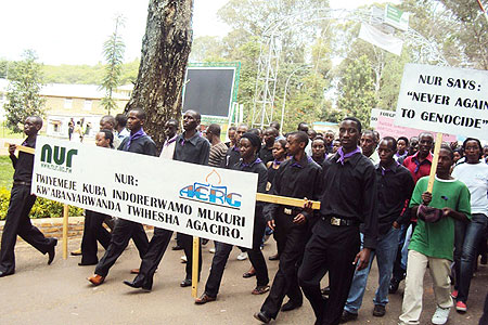 Students arrive at NUR after a u2018Walk to Rememberu2019 in Butare town (photo Bucyensenge)
