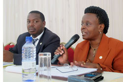 The Permanent Secretary in the Ministry of Infrastructure, Marie Claire Mukasine (R) and  Cyrille Turatsinze during the meeting (Photo; T. Kisambira)