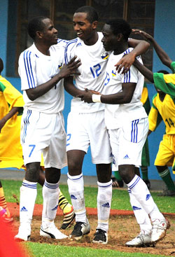 Justin Mico (C) is  mobbed by teammates during the 2011 Africa U-17 Championship. He scored the equaliser against Dransy  FC. (File photo)