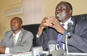 Justice Minister Tharcise Karugarama (R) talking to the Press as Deputy Prosecutor General Alphonse Hitiyaremye looks on. (Photo J Mbanda).