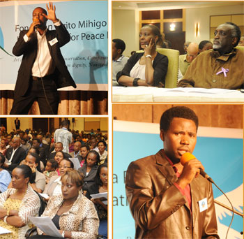 L-R: Belgian based Rwandan crooner Kizito Mihigo performs to hundreds of music lovers at the Kigali Serena Hotel; Seated from Left to Right, the Minister of Foreign Affairs and Cooperation, Louise Mushikiwabo and Ombudsman, Tito Rutaremara attentively lis