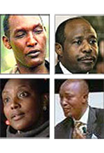l-R: Kayumba Nyamwasa; Paul Rusesabagina; PERPETRATING SCAM- Rosette Kayumba; Theogene Rudasingwa