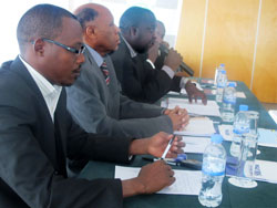(L-R) Vincent Bayigana, social cluster specialist, Alphonse Karinganire CBF coordinator, and Peter Malinga the Technical service coordinator (Photo T.Kisambira)
