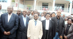 Bernadette Kanzayire (3rd right), Mayor Abdallah Murenzi (2nd right) pose with a group of clerics. (Photo: J.P Bucyensenge)
