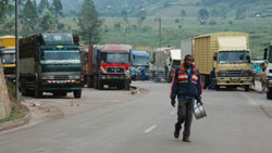 Trucks on transit at the Gatuna border post. (File photo)