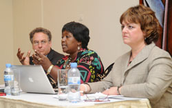 Mark Feinberg Vice President of Merk, Dr. Agnes Binagwaho, and Susan Keese, the Vice President of Market Development, during the press conference (Photo.T.Kisambira).