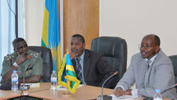 (L-R) Brig.Gen. Jacob S.Adeyemi, Cyrille Turatsinze, PS Local Government Ministry and Minister  Musoni during discussions on disaster management. (Photo J Mbanda).