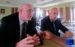 (L-R)Helmut R.Schrader, Senior Advisor of Germany-African Business Association and Jurgen Reese the Sales Manager of Nsido (Photo T.Kisambira).