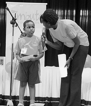A primary kid answering a question during the second annual reading day, at Serena Hotel, Friday last week (File Photo)