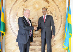 Presdent Kagame and the Secretary General of the Commonwealth Local Government Forum (CLGF), Carl Wright, after their meeting at Village Urugwiro yesterday