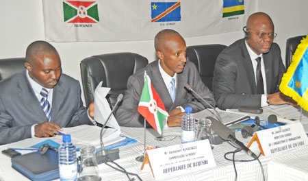 ( L-R) CEPGL immigration heads; Emmanuel Manirakiza (Burundi) , Anaclet Kalibata (Rwanda) and Jean Claude Kamb.Tshijik (DRC) at the meeting.(Photo J Mbanda)