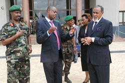 Defence Minister, James Kabarebe (C) chats with his Kenyan counterpart Mohamed Yusuf Haji as Chief of Defence Staff Lt Gen Charles Kayonga looks on. (Photo J Mbanda)