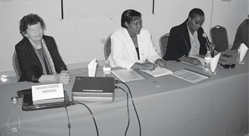 Ms Lorraine Corner, a training consultant, Odda Gasinzigwa and Donnah Kamashazi during the opening of the training.(photo B Mukombozi)