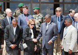 Defence Minister Gen. James Kabarebe interacts with members of the delegation  from the US war college. (Photo T Kisambira).