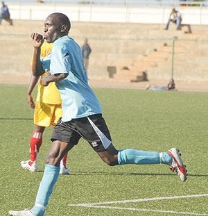 Kagere Meddie celebrating a goal during his side's 7-1 thrashing of Etincelles early this month. The Profilic striker was voted Primus League Player of April. (File Photo).