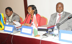 L-R; Tanzanian Deputy Minister of Energy and Minerals Adam Malima; Minister of State for Energy and Water Colletha Ruhamya  and  Burundian Minister of Energy and Mines Moise Bucumi at the workshop yesterday. (J Mbanda)