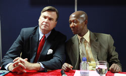 US Ambassador Stuart Symington and Internal Security Minister Musa Fazi Harelimana during the launch of Citizen's charter.(Photo T Kisambira)